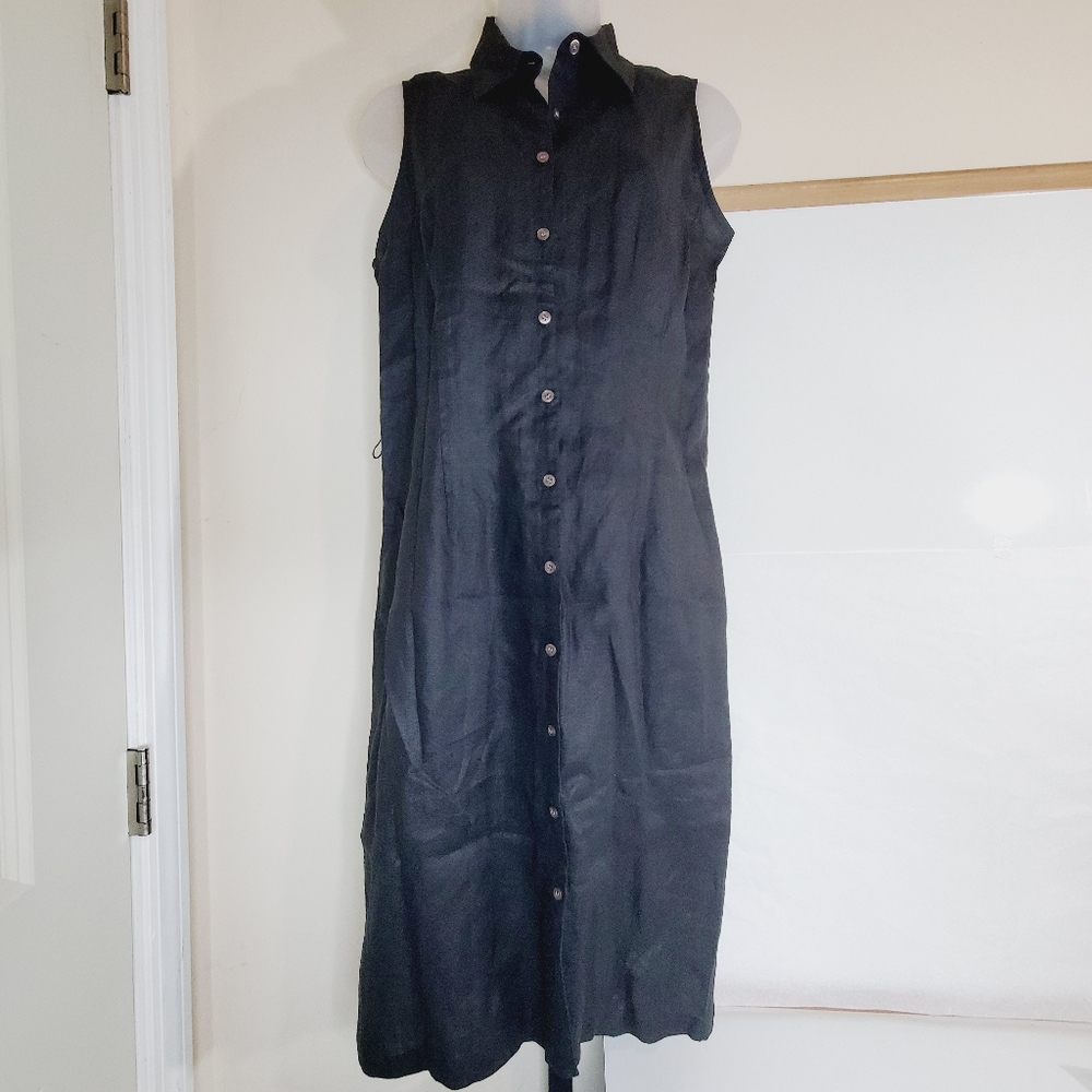 Casual Corner Black Sleeveless Linen Button Down Collared Dress Buttons Size 6